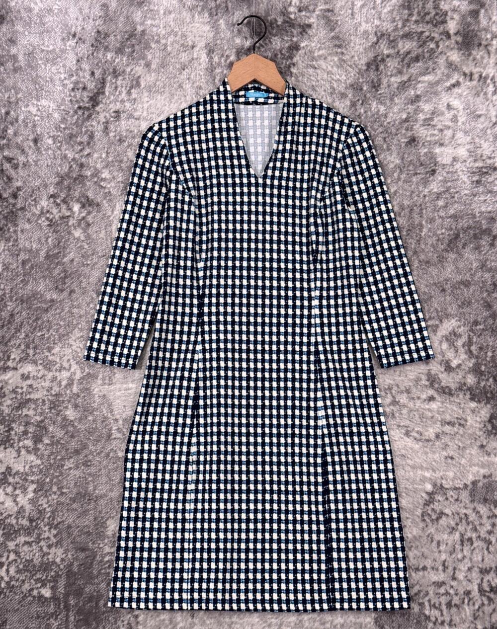 J McLaughlin Dress Small Womens Catalina Cloth Ivory & Blue Check Pattern